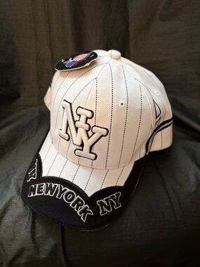 NY Pinstripe Baseball Cap in White and Black